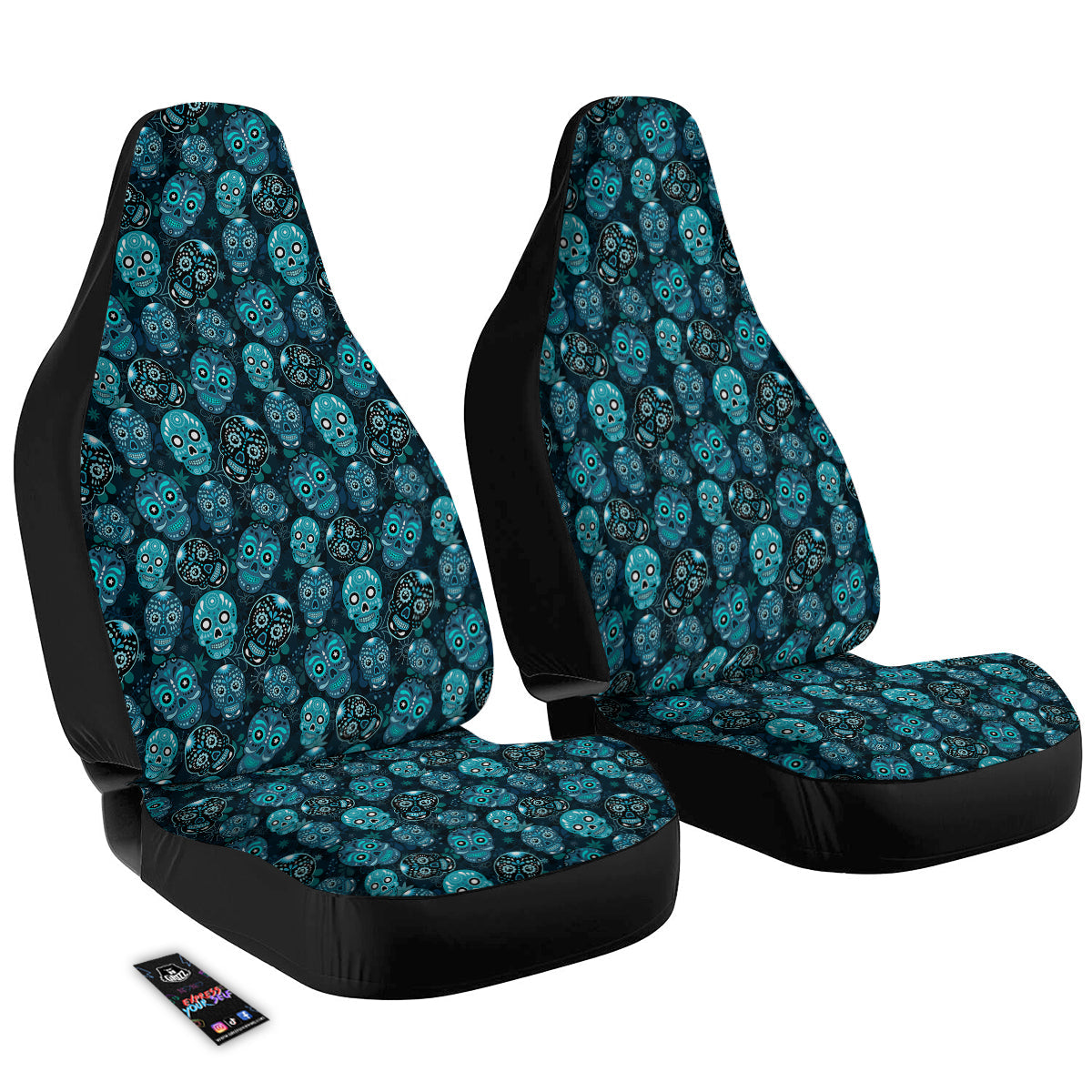 Blue Calavera Skull Print Pattern Car Seat Covers-grizzshop