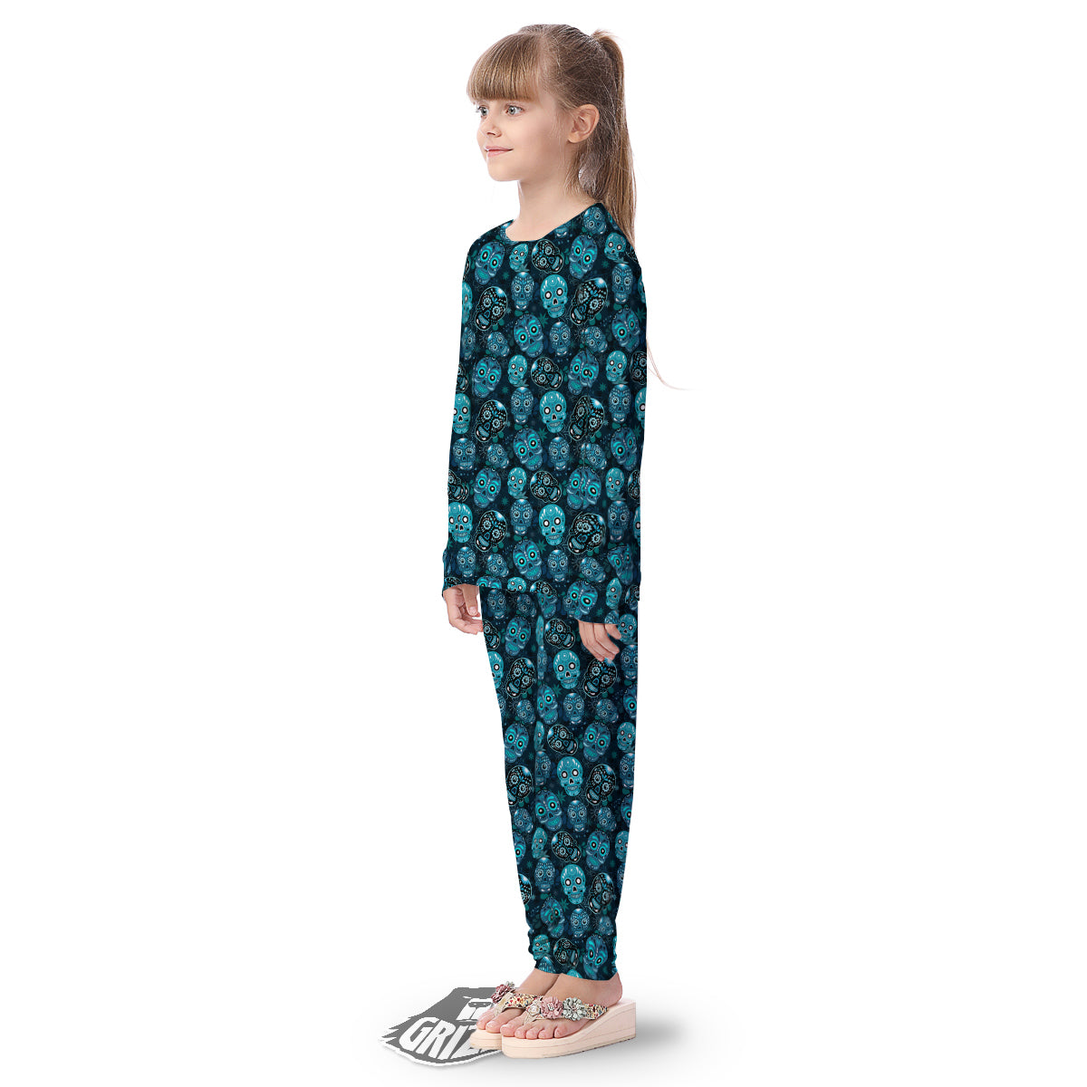 Blue Calavera Skull Print Pattern Kid's Pajamas-grizzshop