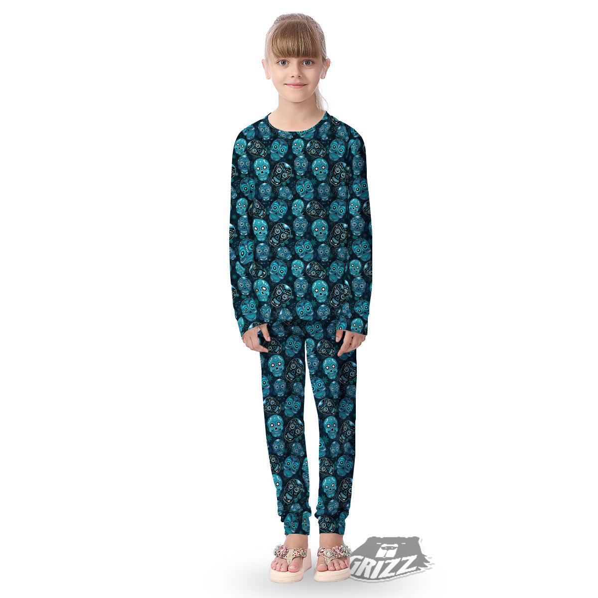 Blue Calavera Skull Print Pattern Kid's Pajamas-grizzshop