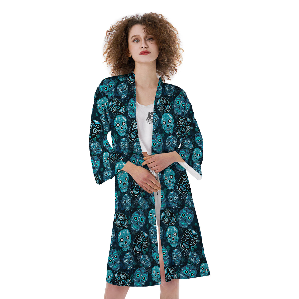 Blue Calavera Skull Print Pattern Kimono-grizzshop