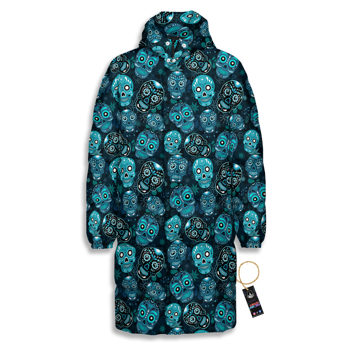 Blue Calavera Skull Print Pattern Long Down Jacket-grizzshop