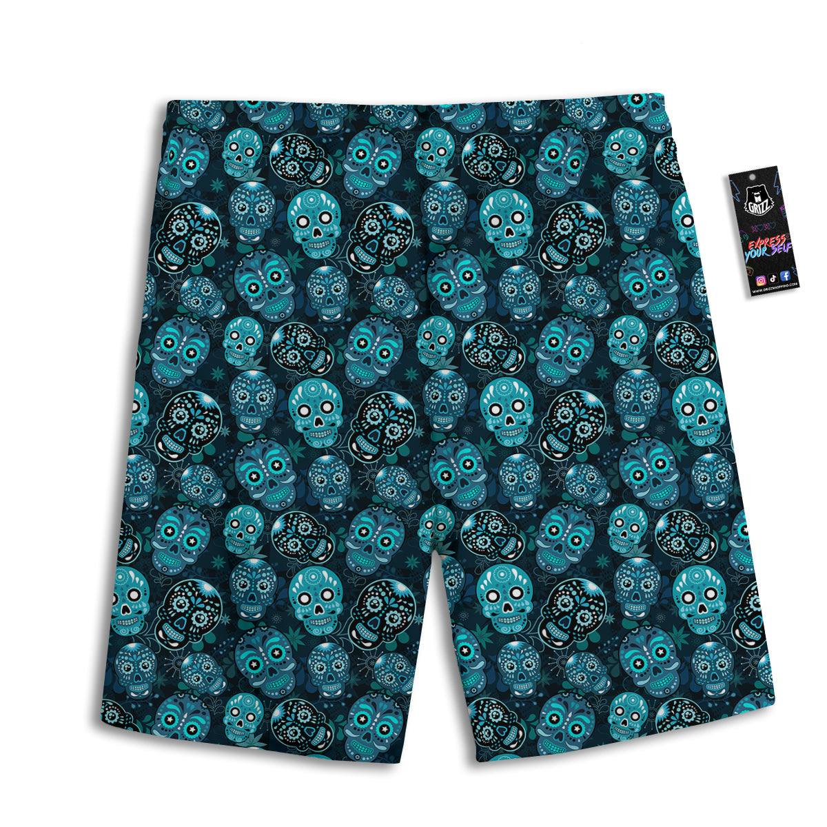 Blue Calavera Skull Print Pattern Men's Athletic Shorts