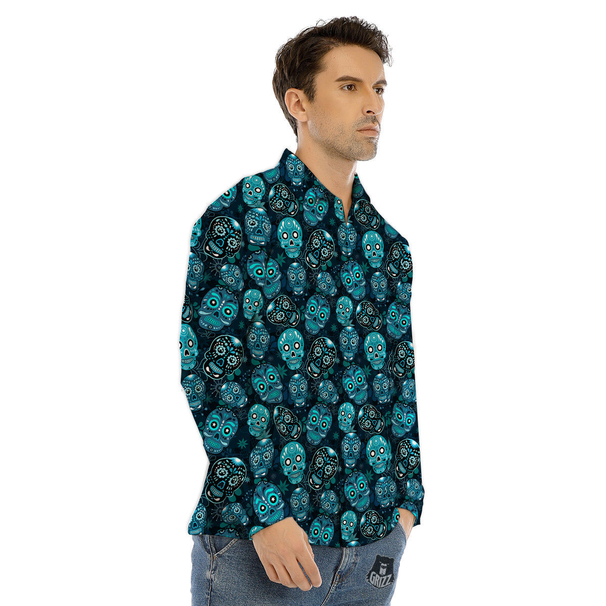 Blue Calavera Skull Print Pattern Men's Dress Shirts-grizzshop