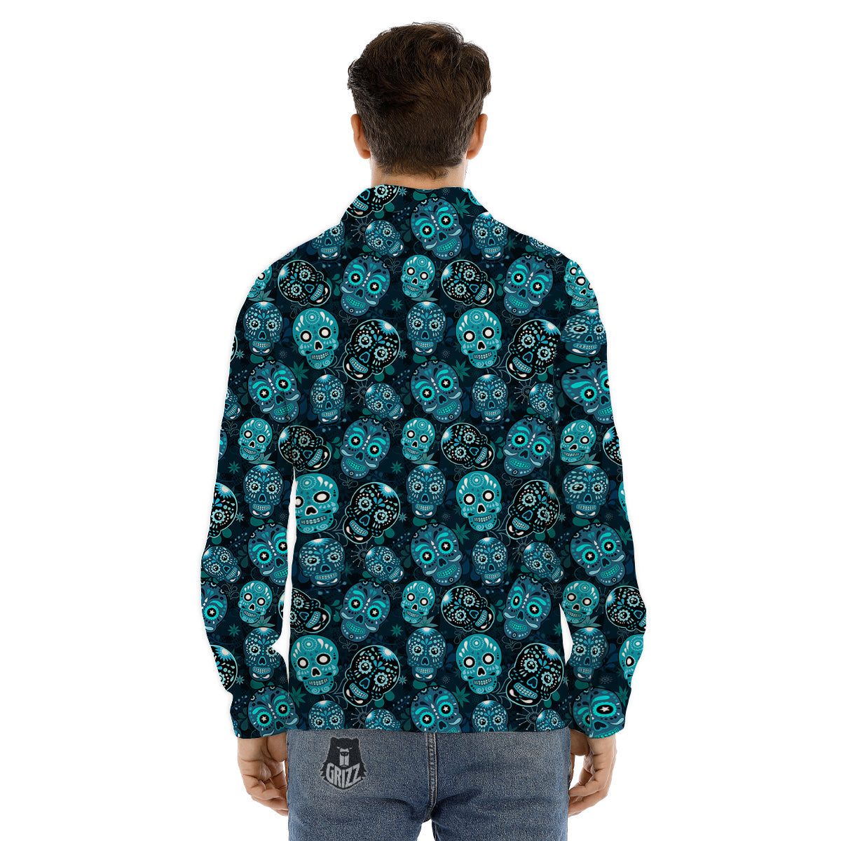 Blue Calavera Skull Print Pattern Men's Dress Shirts-grizzshop