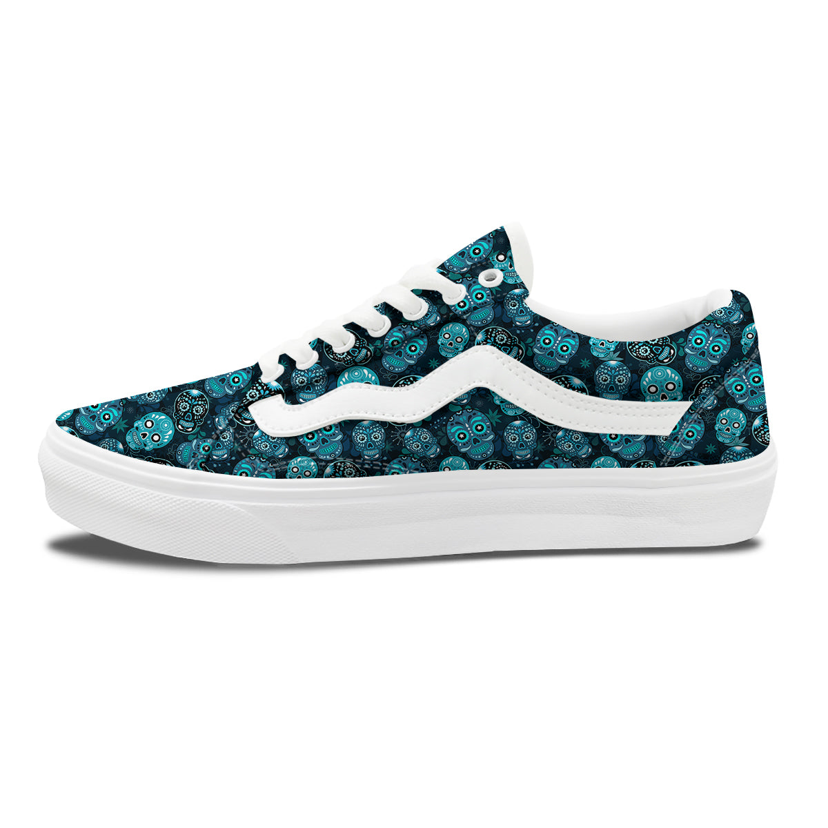 Blue Calavera Skull Print Pattern Skate Shoes-grizzshop