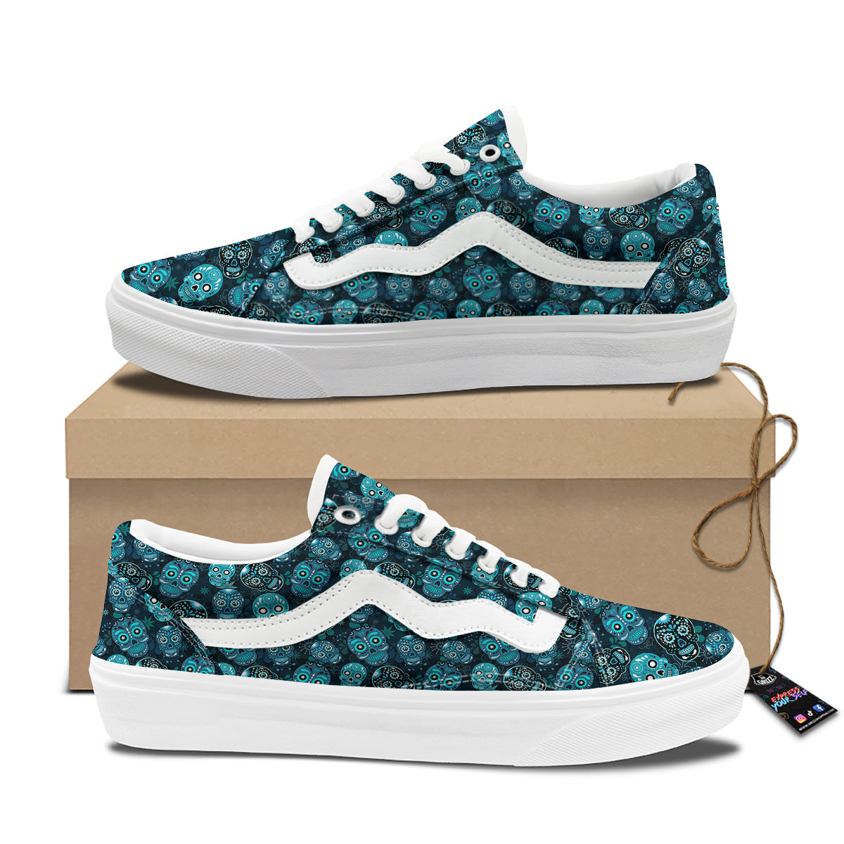 Blue Calavera Skull Print Pattern Skate Shoes-grizzshop