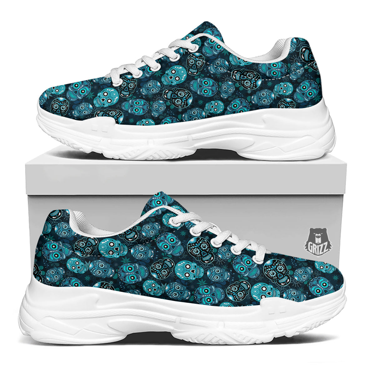 Blue Calavera Skull Print Pattern White Chunky Shoes-grizzshop