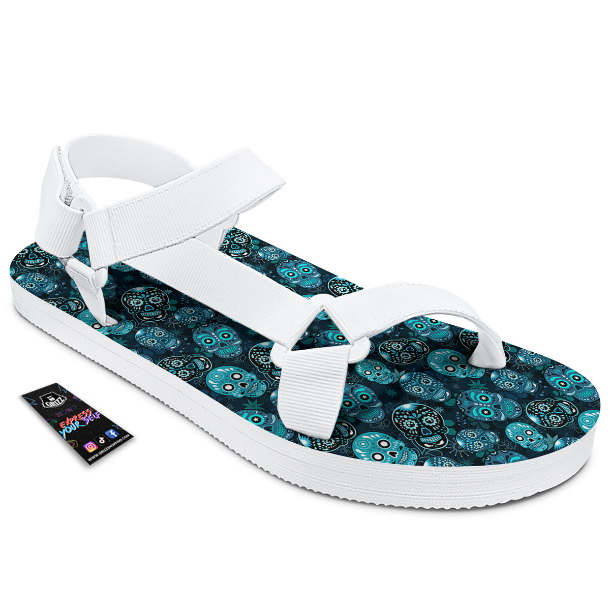 Blue Calavera Skull Print Pattern White Open Toe Sandals-grizzshop