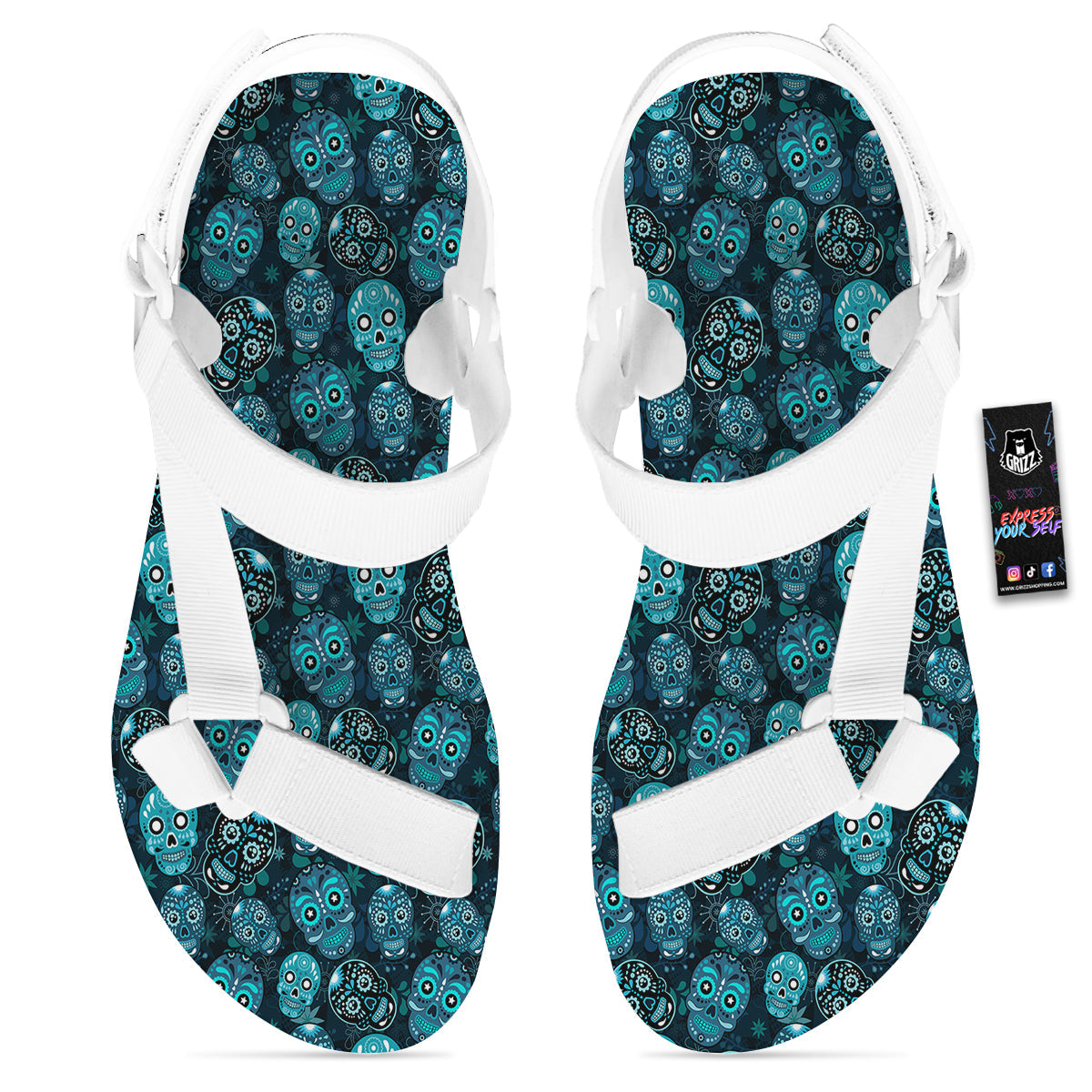 Blue Calavera Skull Print Pattern White Open Toe Sandals-grizzshop