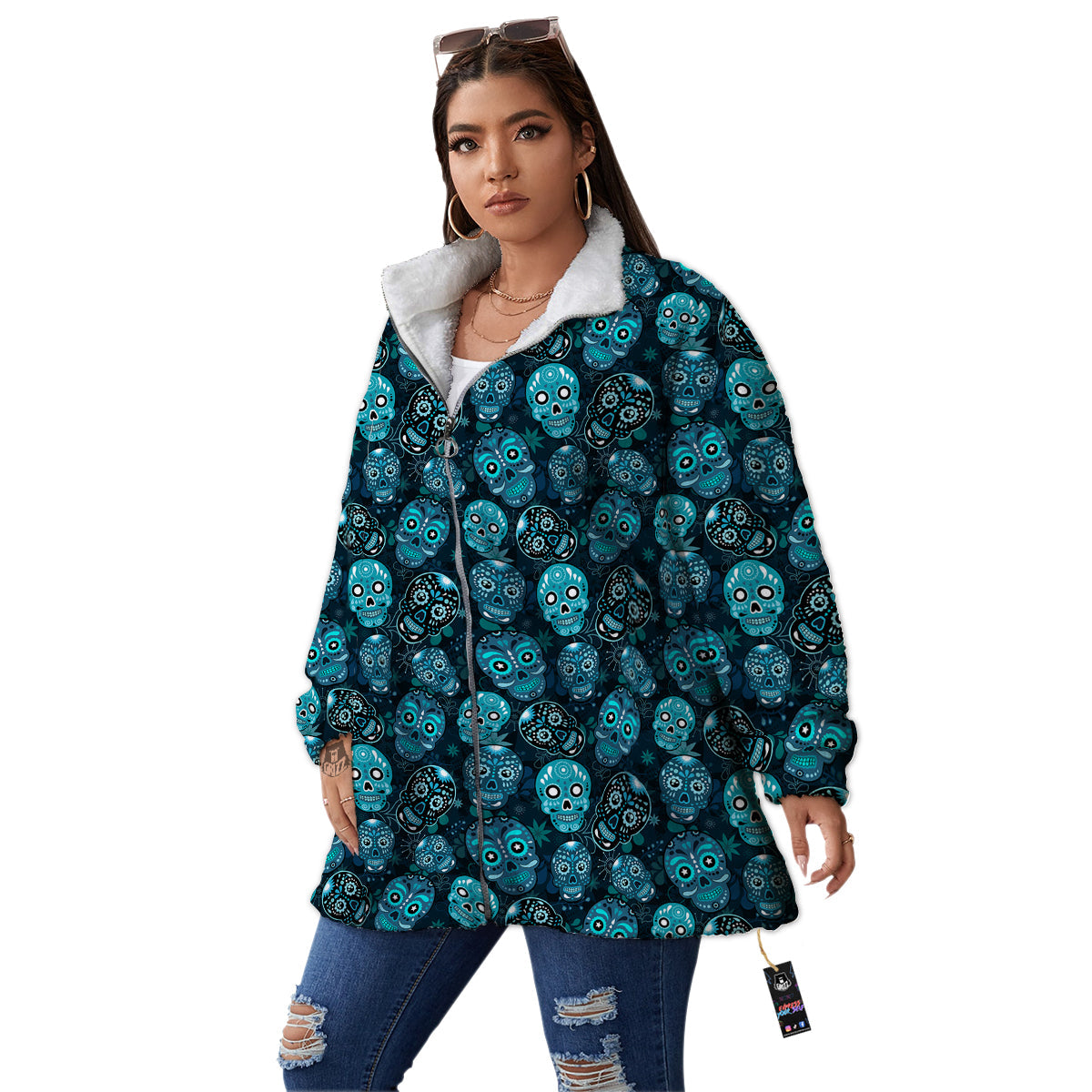 Blue Calavera Skull Print Pattern Women's Sherpa Jacket-grizzshop