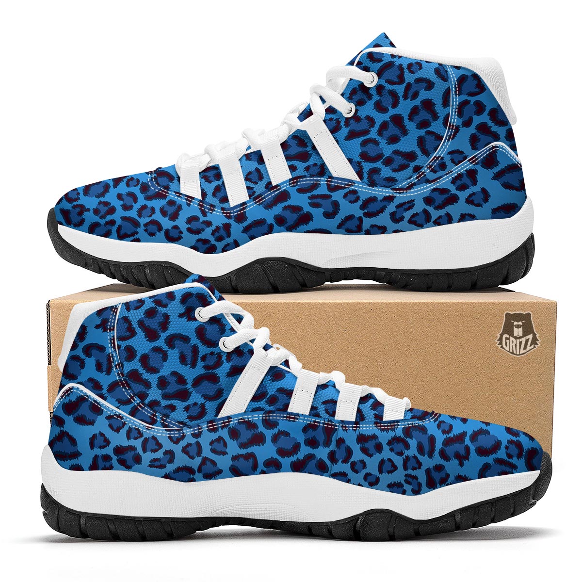 Blue Cheetah Leopard Pattern Print White Bball Shoes-grizzshop
