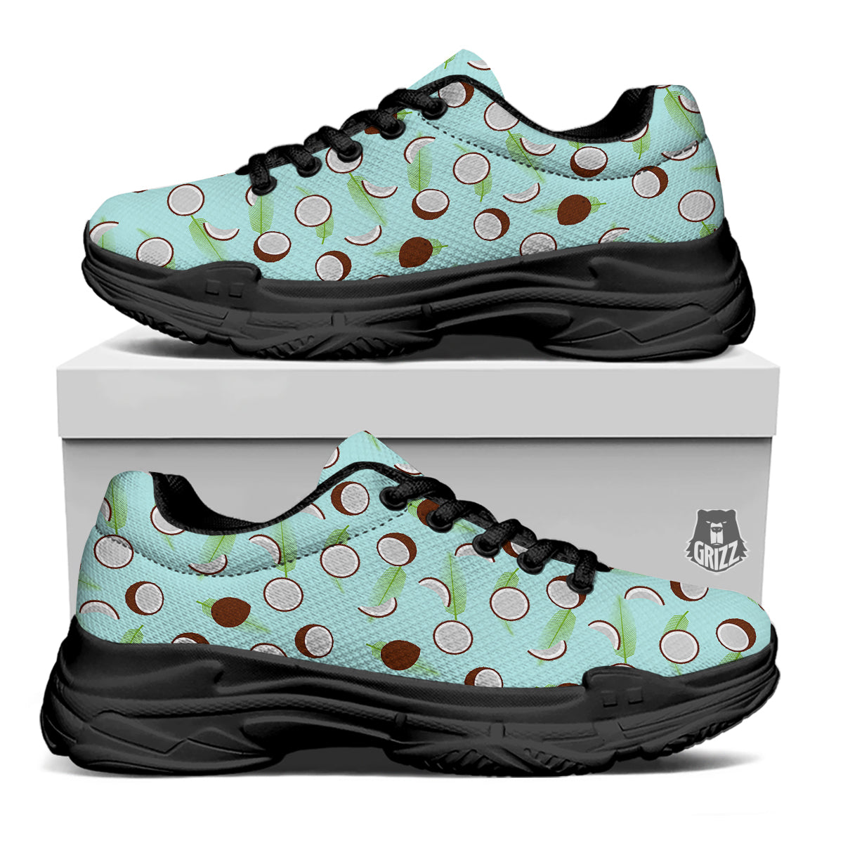 Blue Coconut Print Pattern Black Chunky Shoes-grizzshop