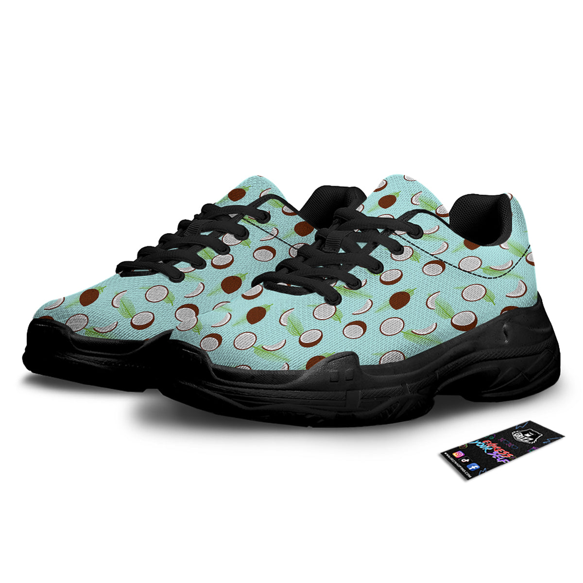 Blue Coconut Print Pattern Black Chunky Shoes-grizzshop