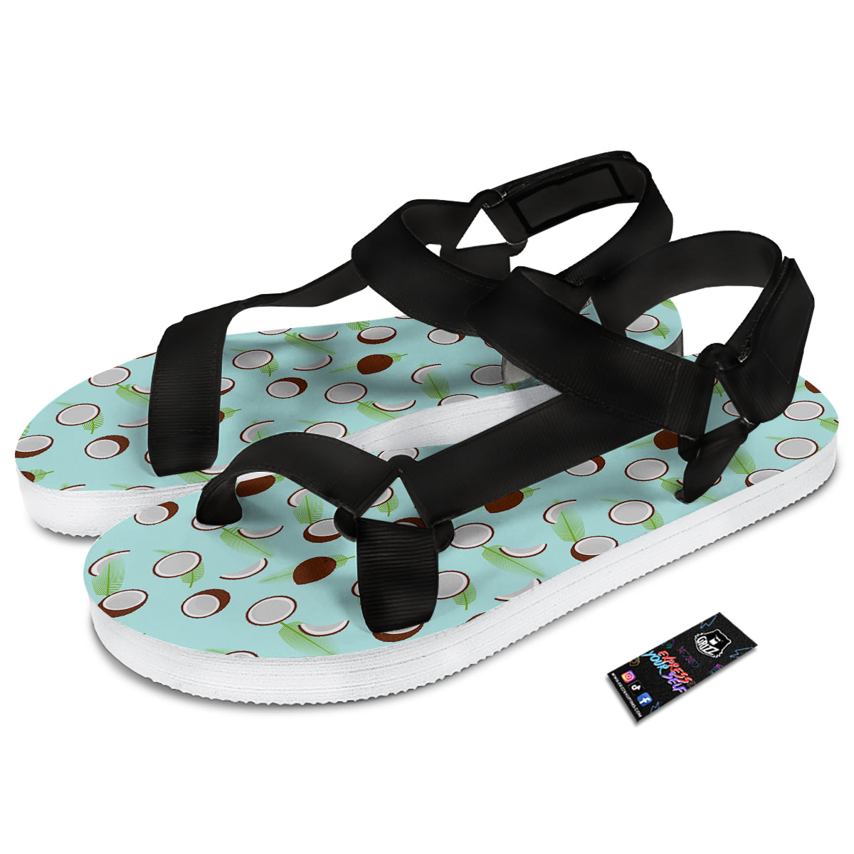 Blue Coconut Print Pattern Black Open Toe Sandals-grizzshop