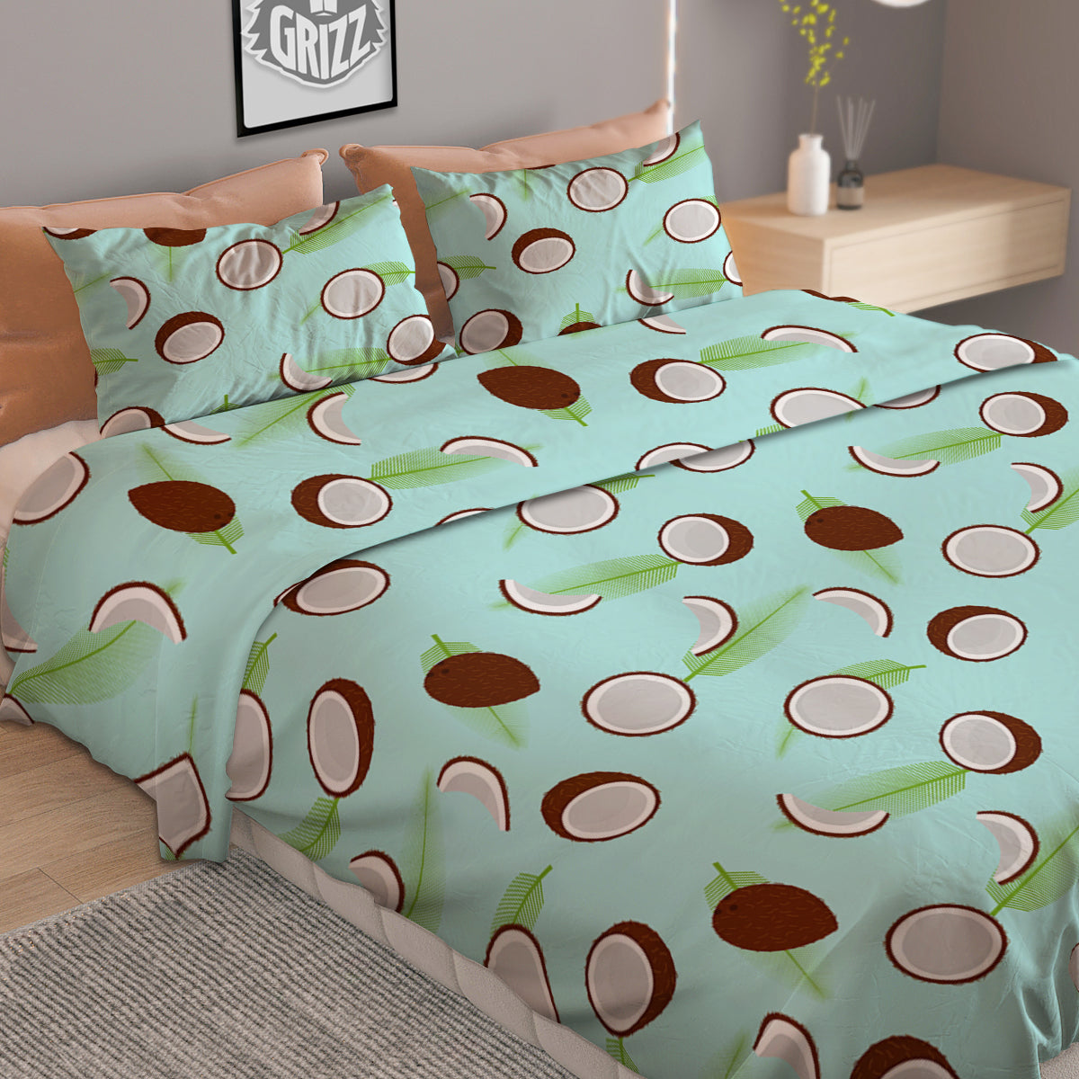 Blue Coconut Print Pattern Duvet Cover Bedding Set