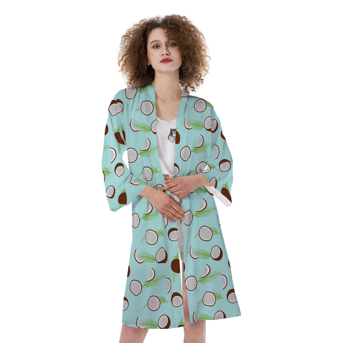 Blue Coconut Print Pattern Kimono-grizzshop