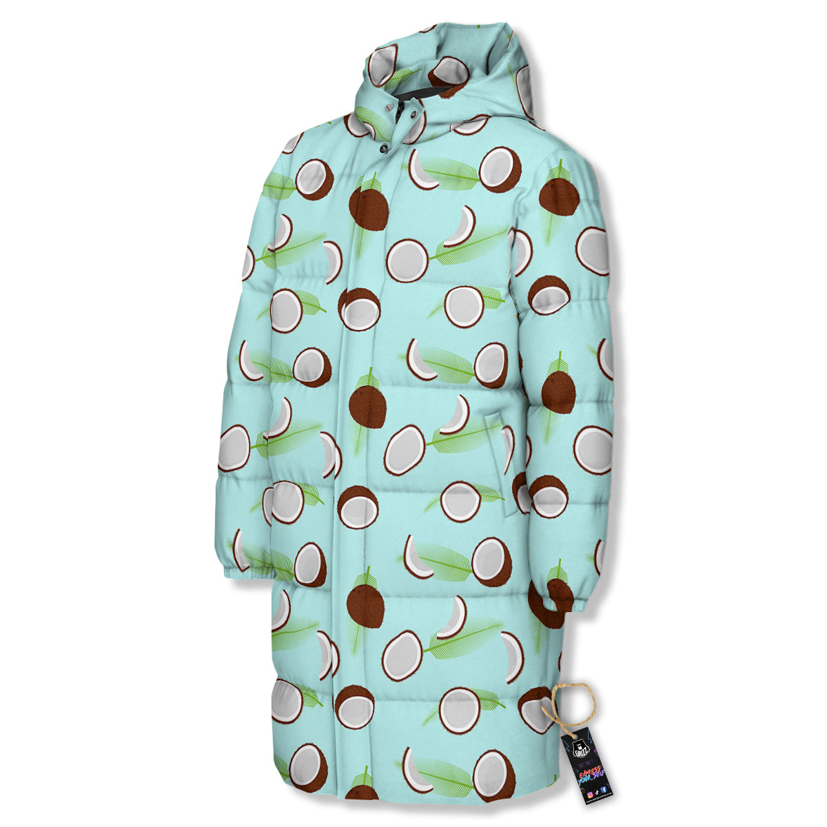 Blue Coconut Print Pattern Long Down Jacket-grizzshop