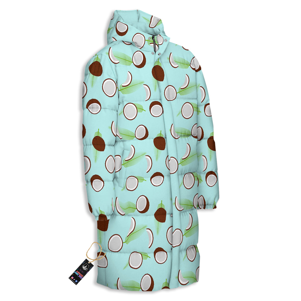 Blue Coconut Print Pattern Long Down Jacket-grizzshop