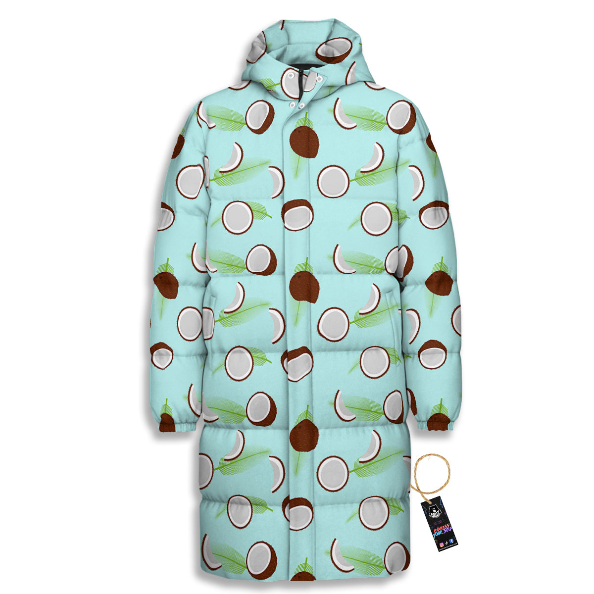 Blue Coconut Print Pattern Long Down Jacket-grizzshop