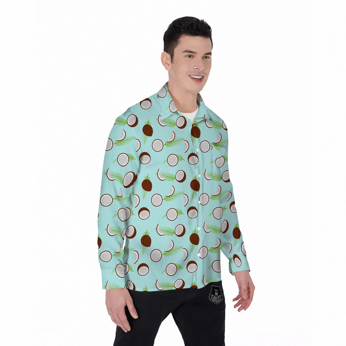 Blue Coconut Print Pattern Men's Long Sleeve Shirts-grizzshop