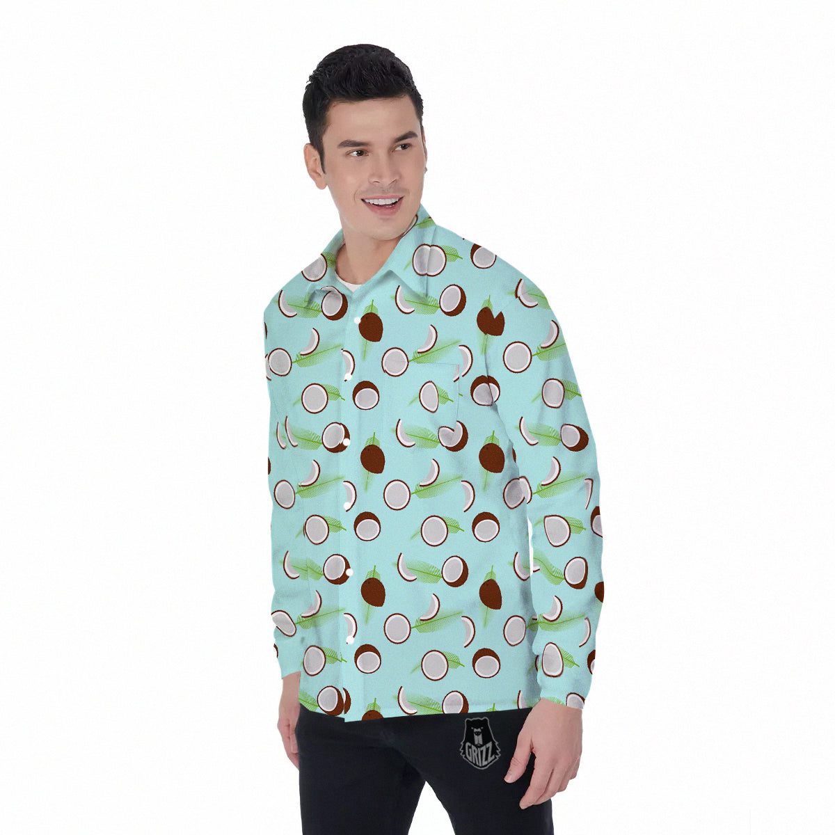 Blue Coconut Print Pattern Men's Long Sleeve Shirts-grizzshop