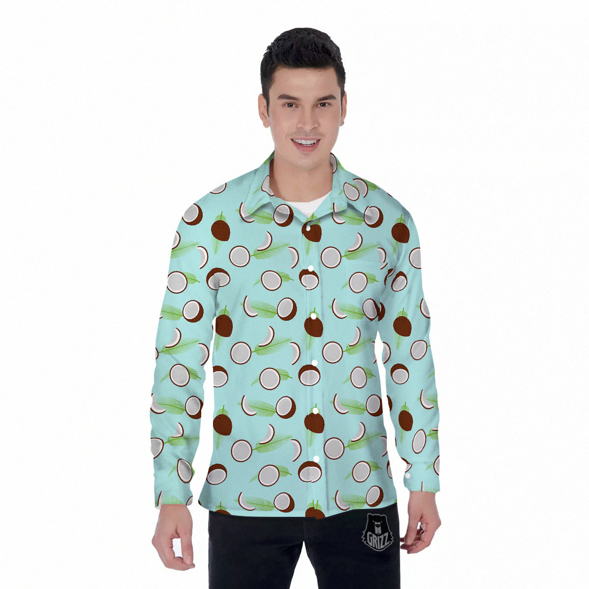 Blue Coconut Print Pattern Men's Long Sleeve Shirts-grizzshop