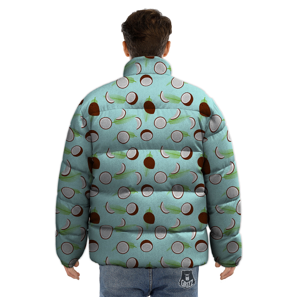 Blue Coconut Print Pattern Puffer Jacket-grizzshop