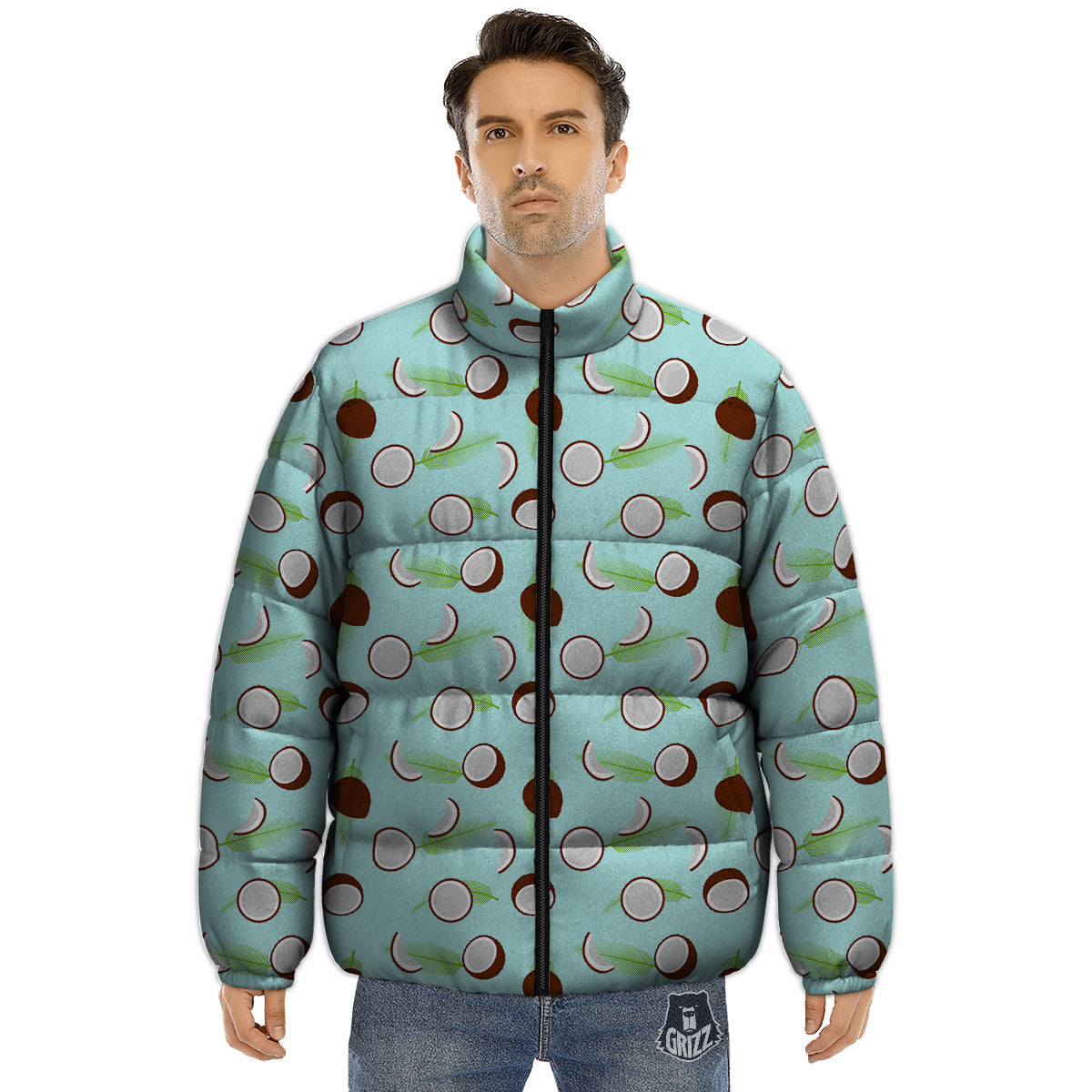 Blue Coconut Print Pattern Puffer Jacket-grizzshop