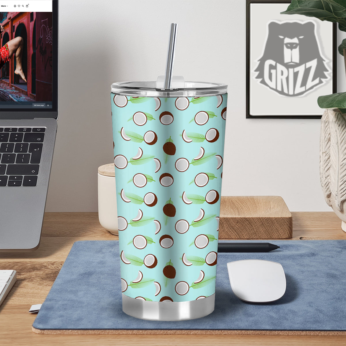 Blue Coconut Print Pattern Tumbler-grizzshop