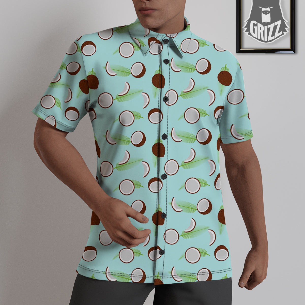 Blue Coconut Print Pattern Untucked Shirts-grizzshop