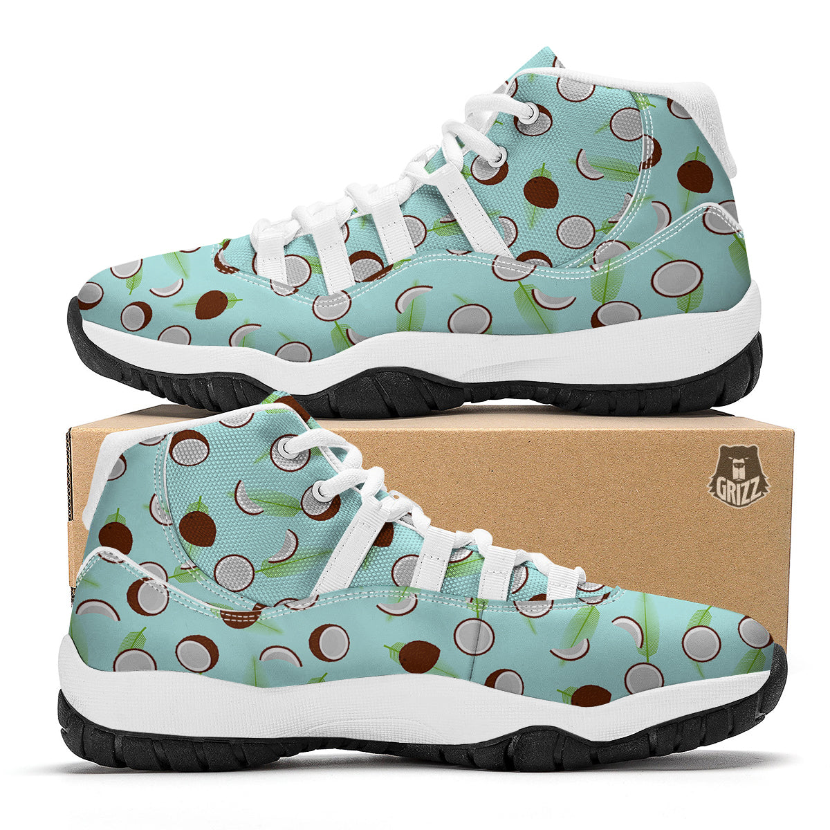 Blue Coconut Print Pattern White Bball Shoes-grizzshop