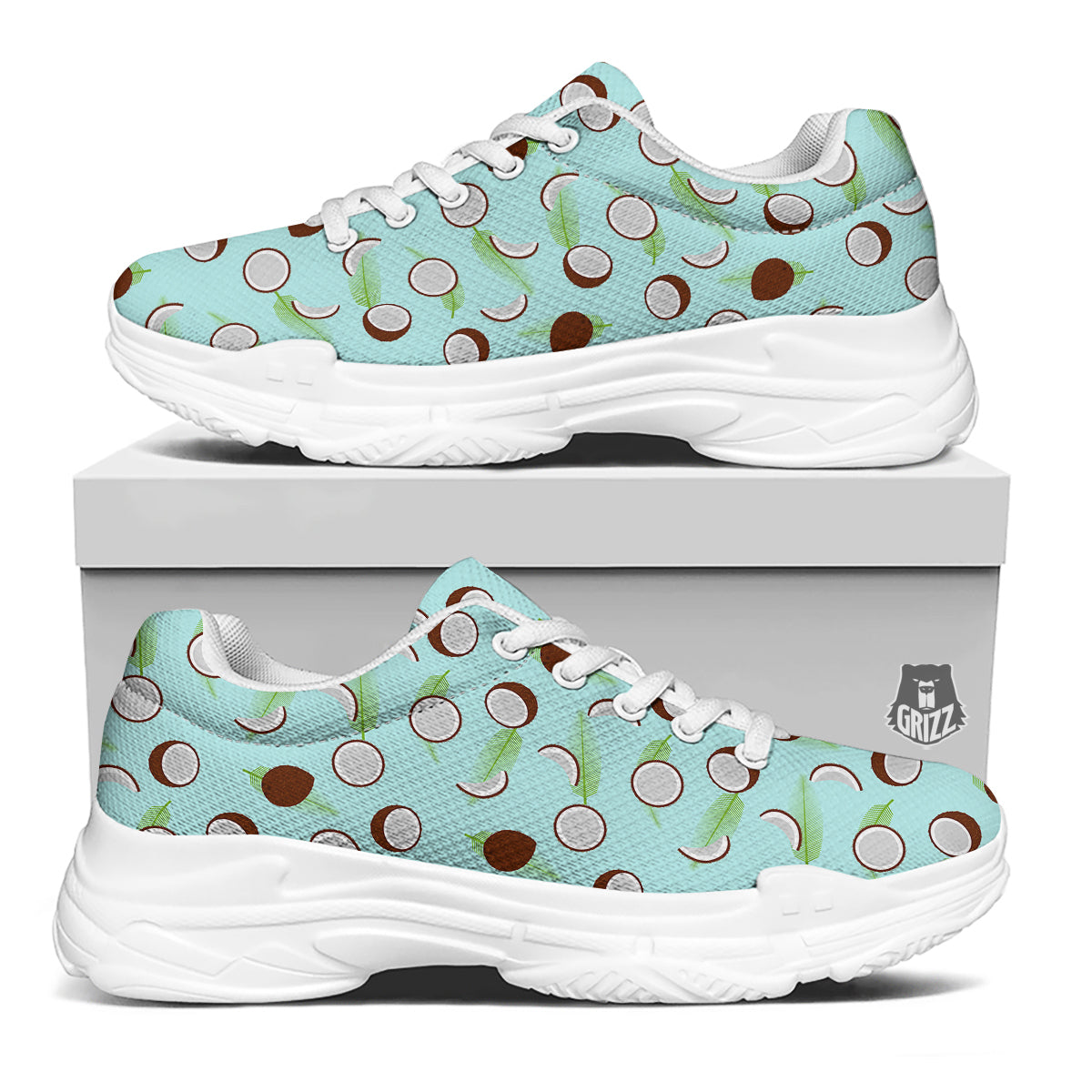 Blue Coconut Print Pattern White Chunky Shoes-grizzshop