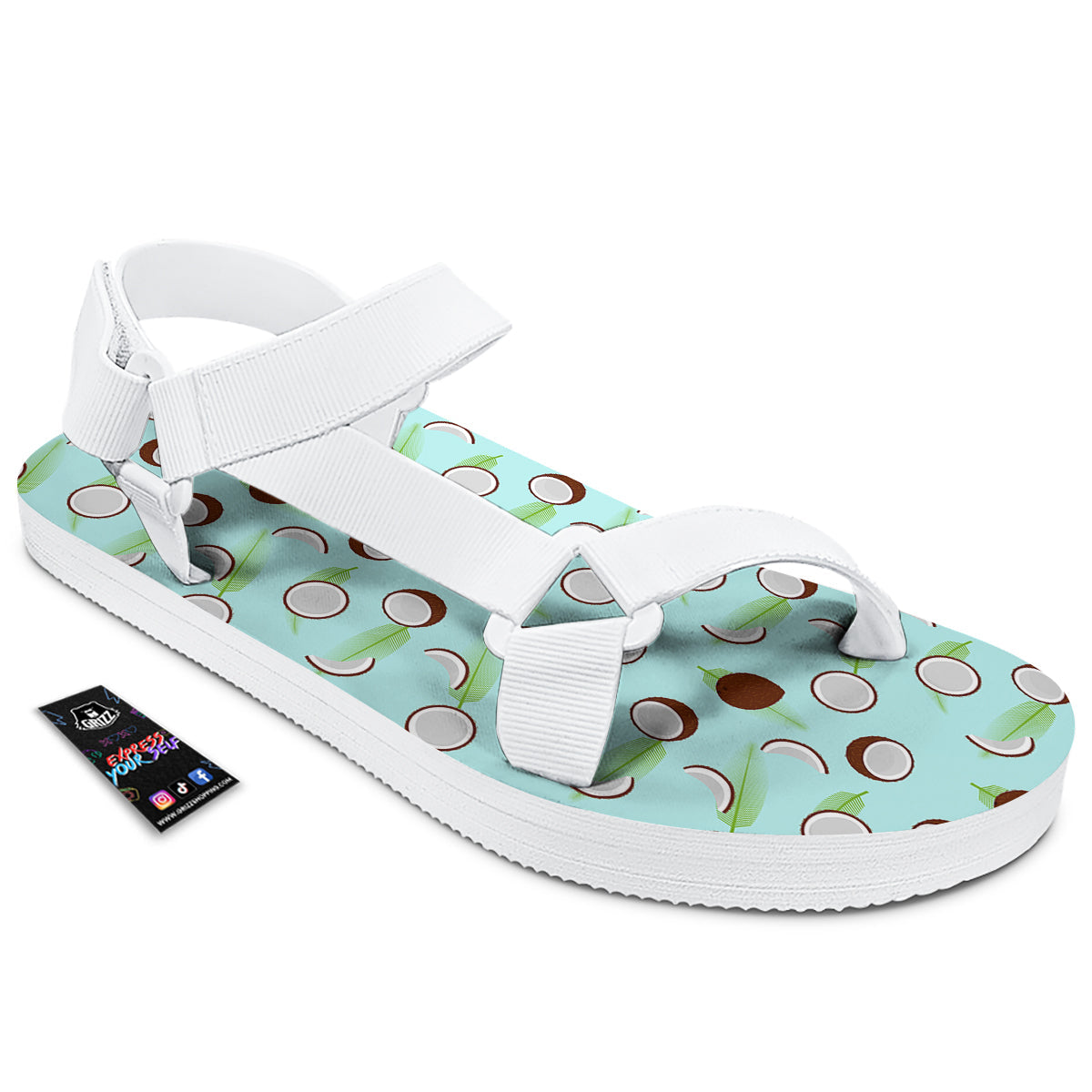 Blue Coconut Print Pattern White Open Toe Sandals-grizzshop