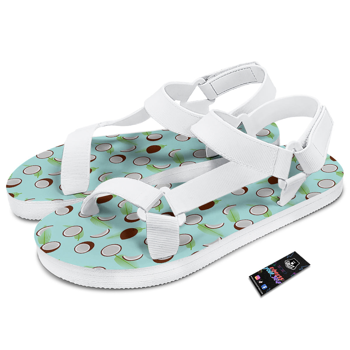 Blue Coconut Print Pattern White Open Toe Sandals-grizzshop
