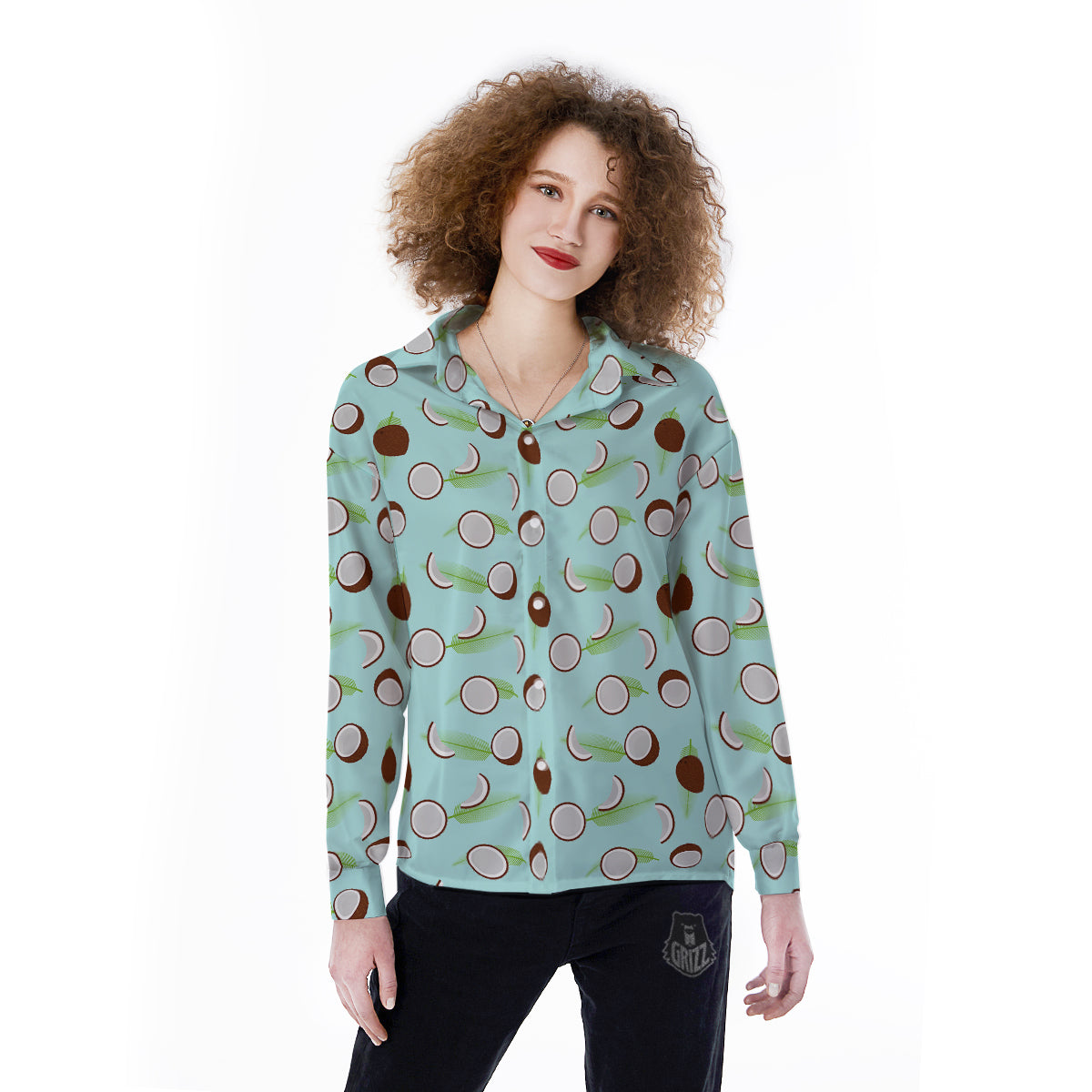 Blue Coconut Print Pattern Women's Long Sleeve Shirts-grizzshop