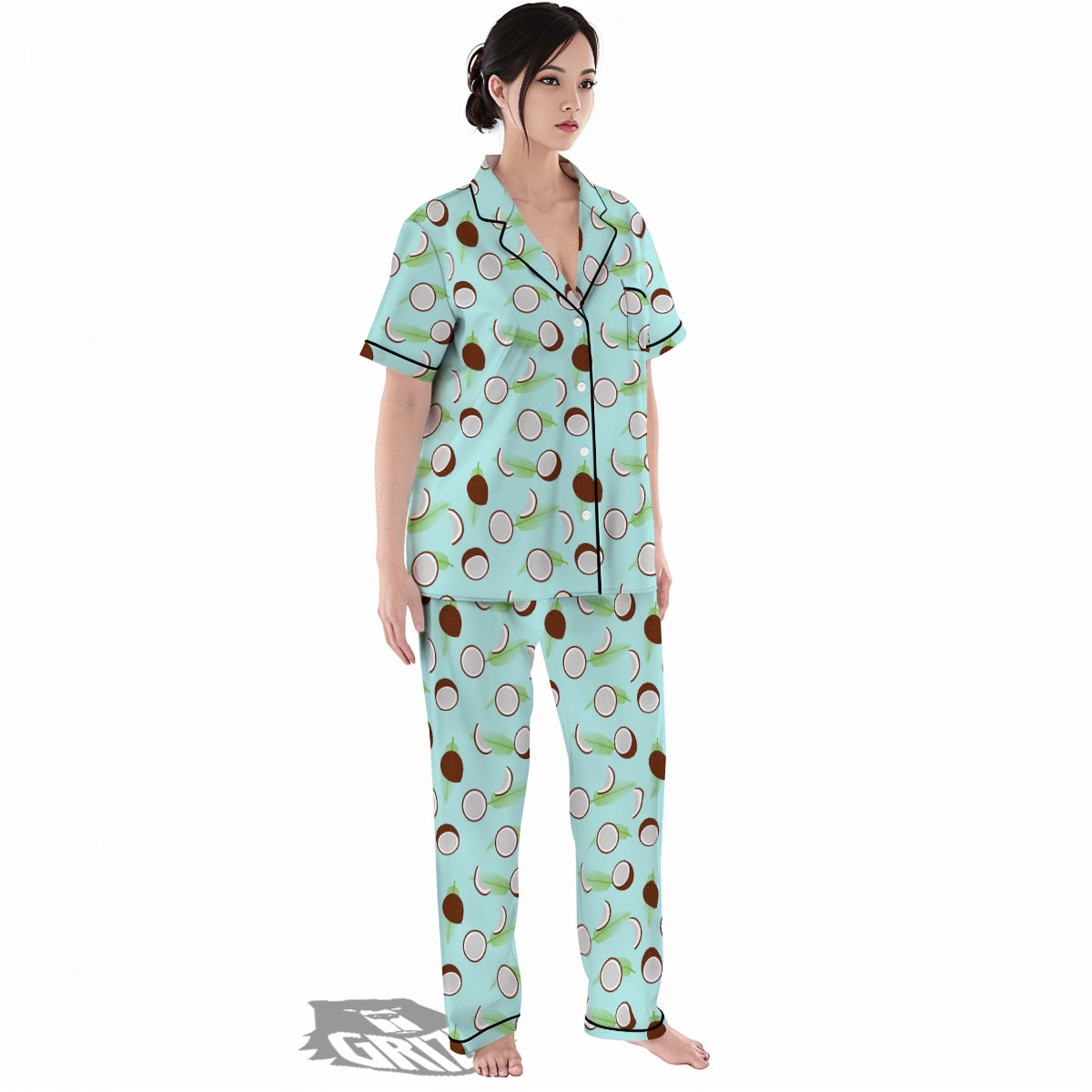 Blue Coconut Print Pattern Women's Pajamas Set-grizzshop