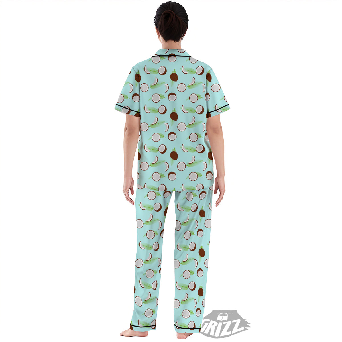 Blue Coconut Print Pattern Women's Pajamas Set-grizzshop