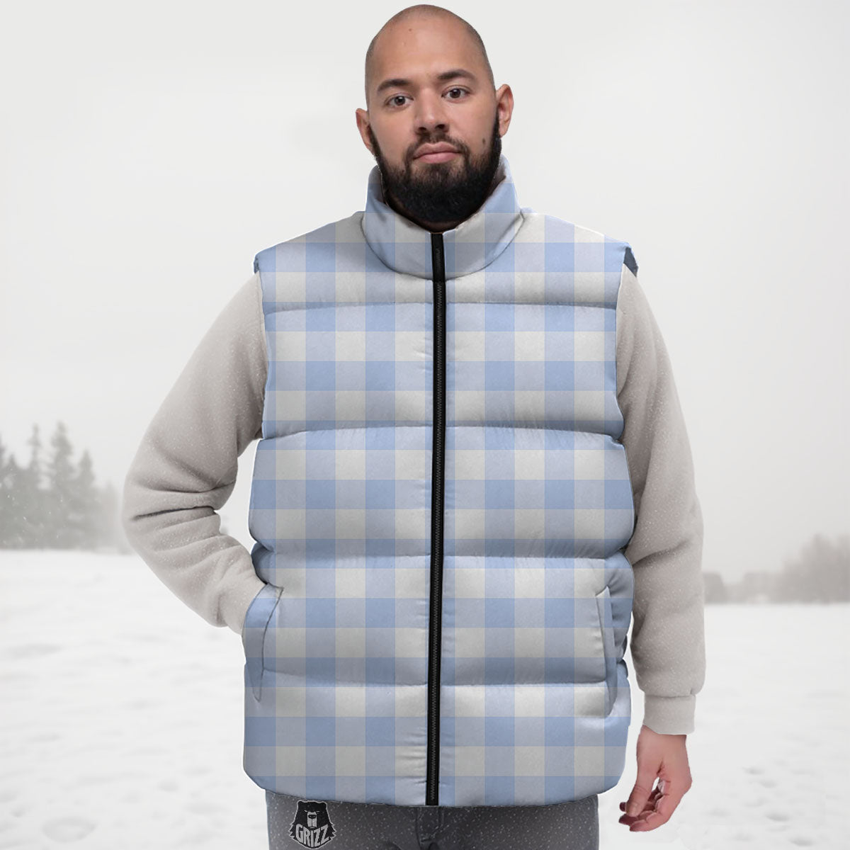 Blue Cornflower And White Gingham Print Down Vest-grizzshop