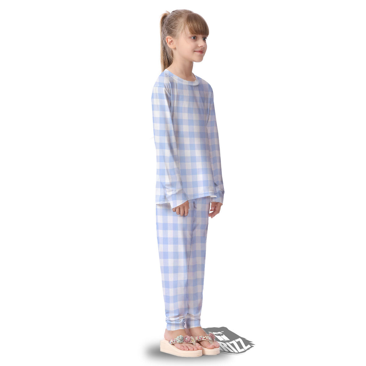 Blue Cornflower And White Gingham Print Kid's Pajamas-grizzshop