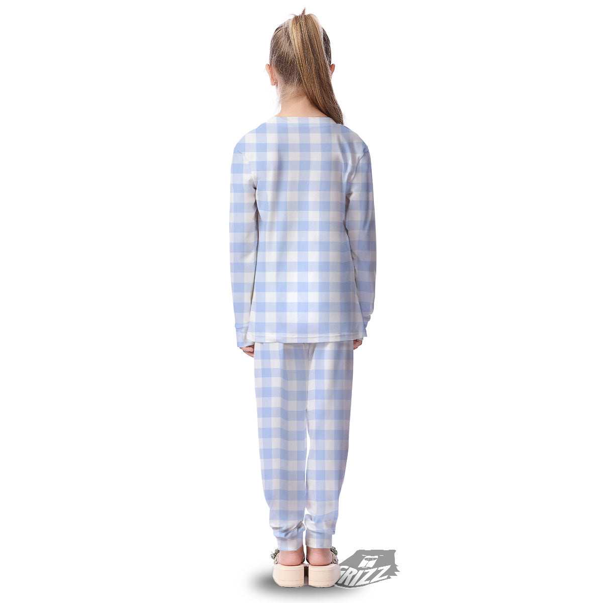 Blue Cornflower And White Gingham Print Kid's Pajamas-grizzshop