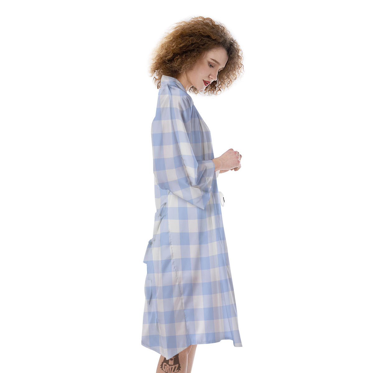 Blue Cornflower And White Gingham Print Kimono-grizzshop