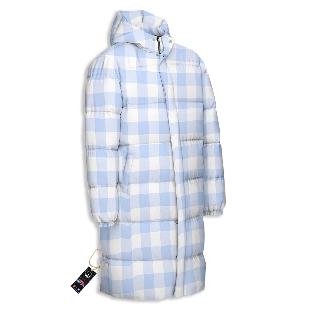 Blue Cornflower And White Gingham Print Long Down Jacket-grizzshop