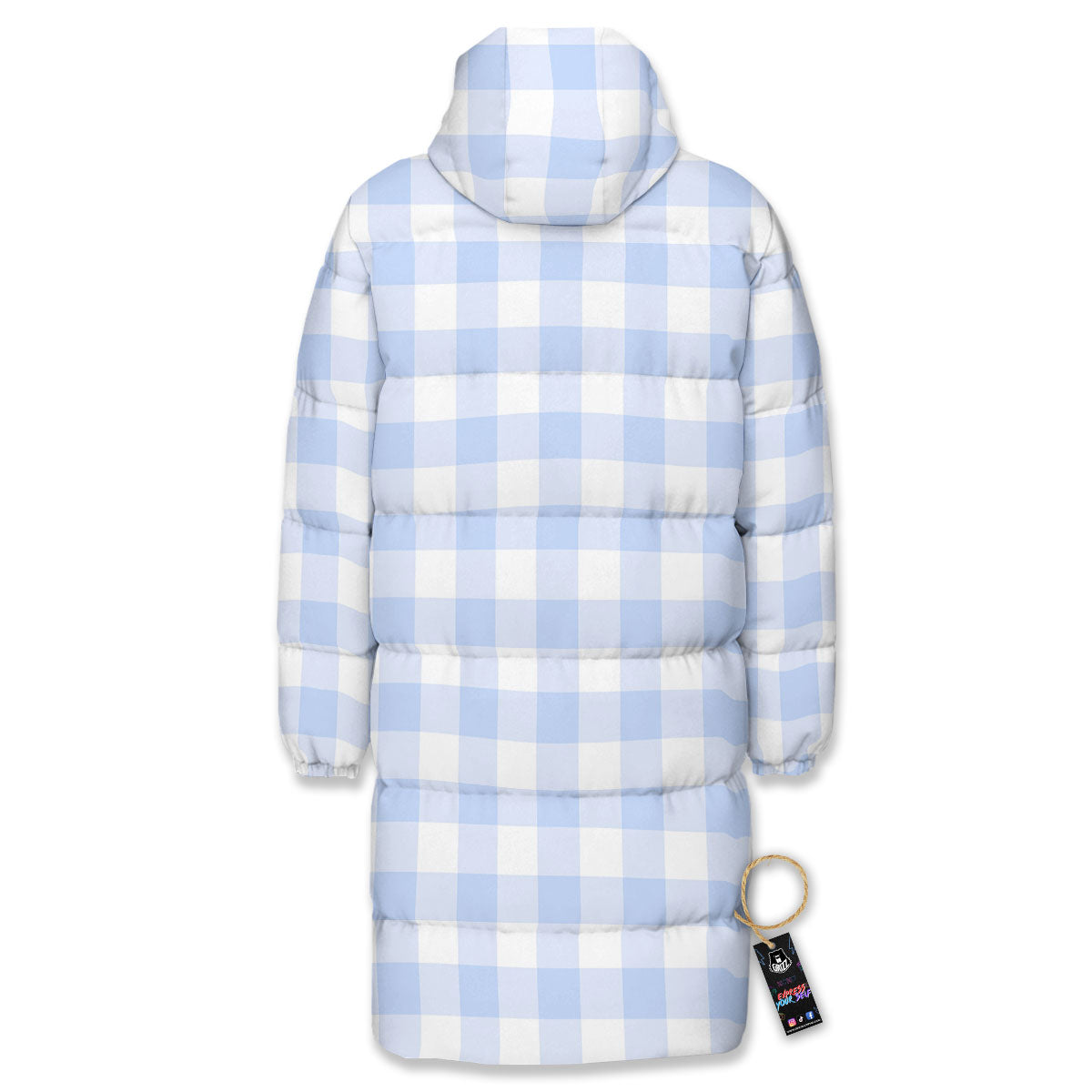 Blue Cornflower And White Gingham Print Long Down Jacket-grizzshop