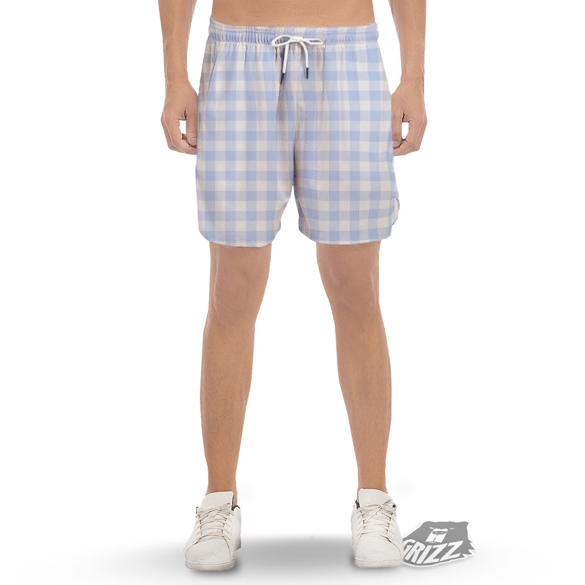 Blue Cornflower And White Gingham Print Men's Gym Shorts-grizzshop