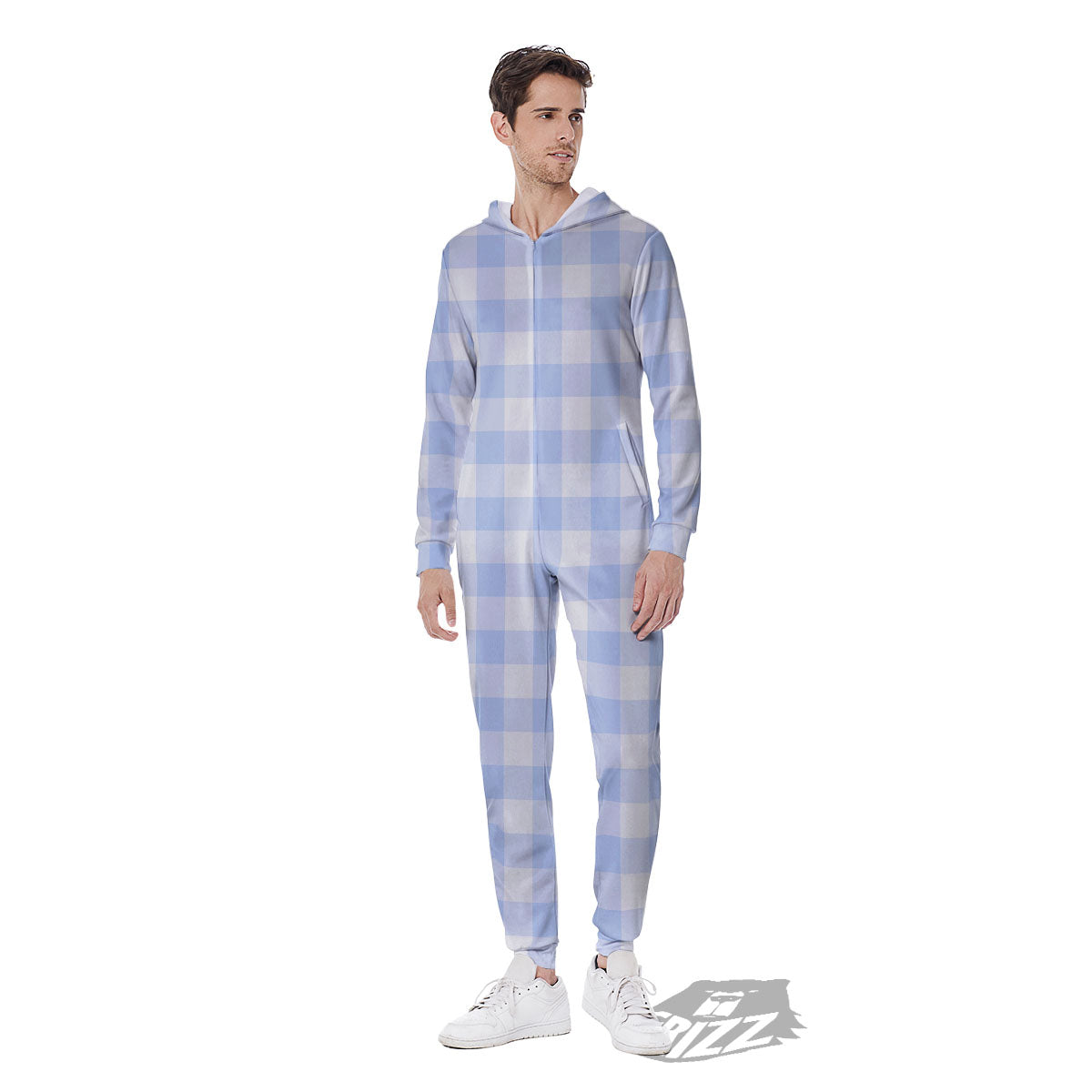 Blue Cornflower And White Gingham Print Men's Jumpsuit-grizzshop