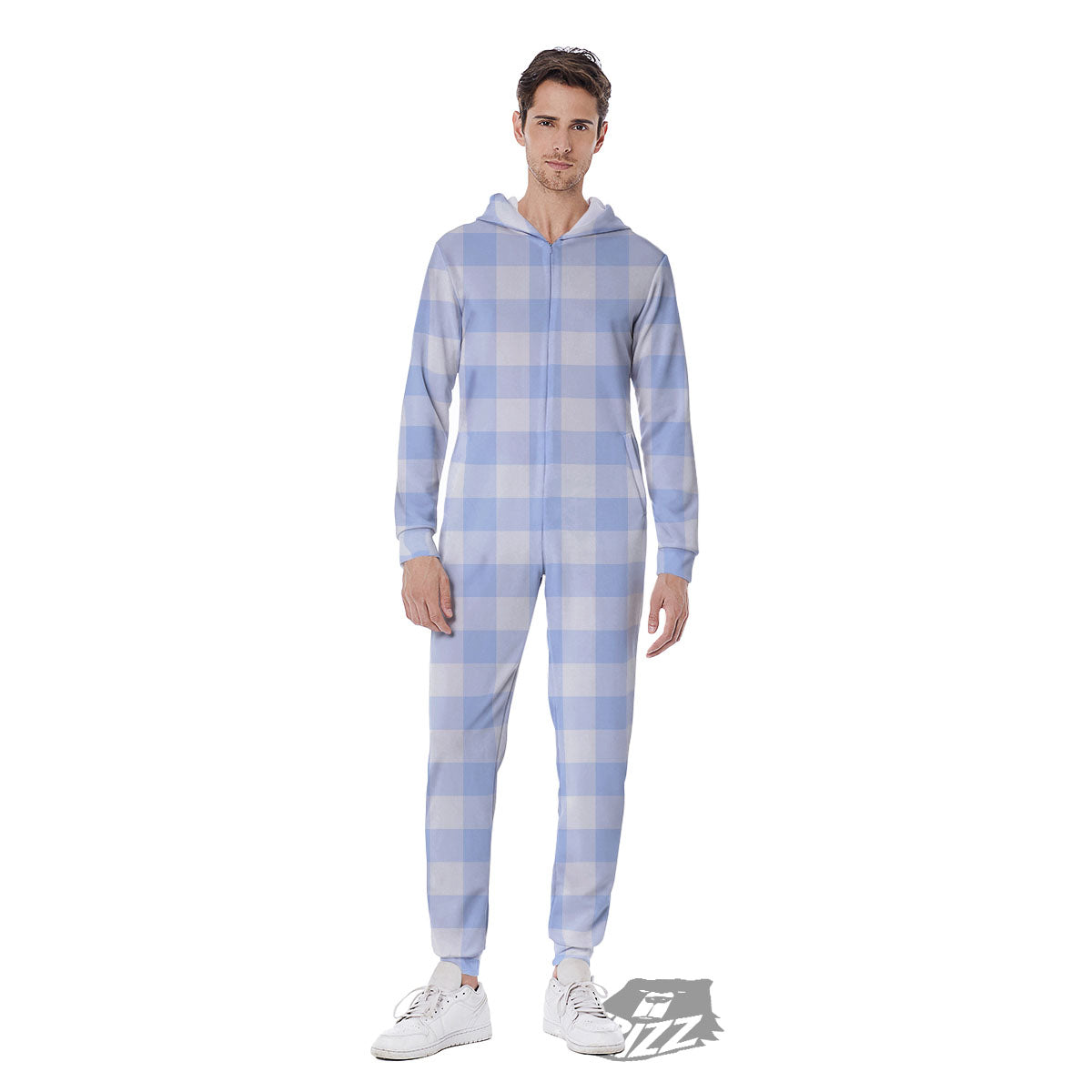 Blue Cornflower And White Gingham Print Men's Jumpsuit-grizzshop