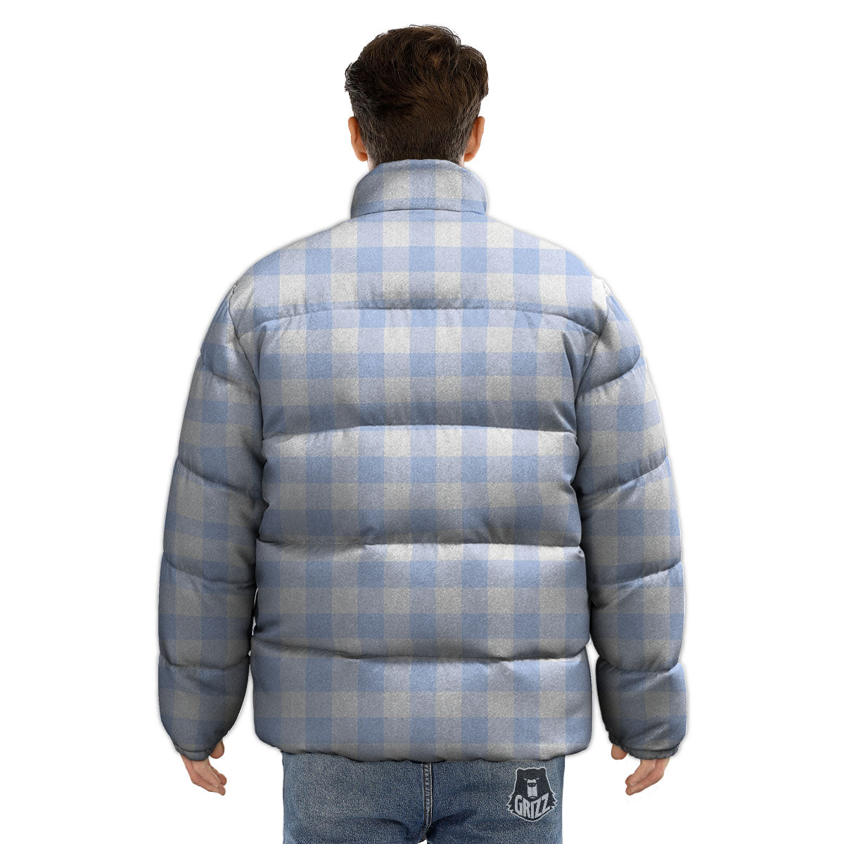 Blue Cornflower And White Gingham Print Puffer Jacket-grizzshop