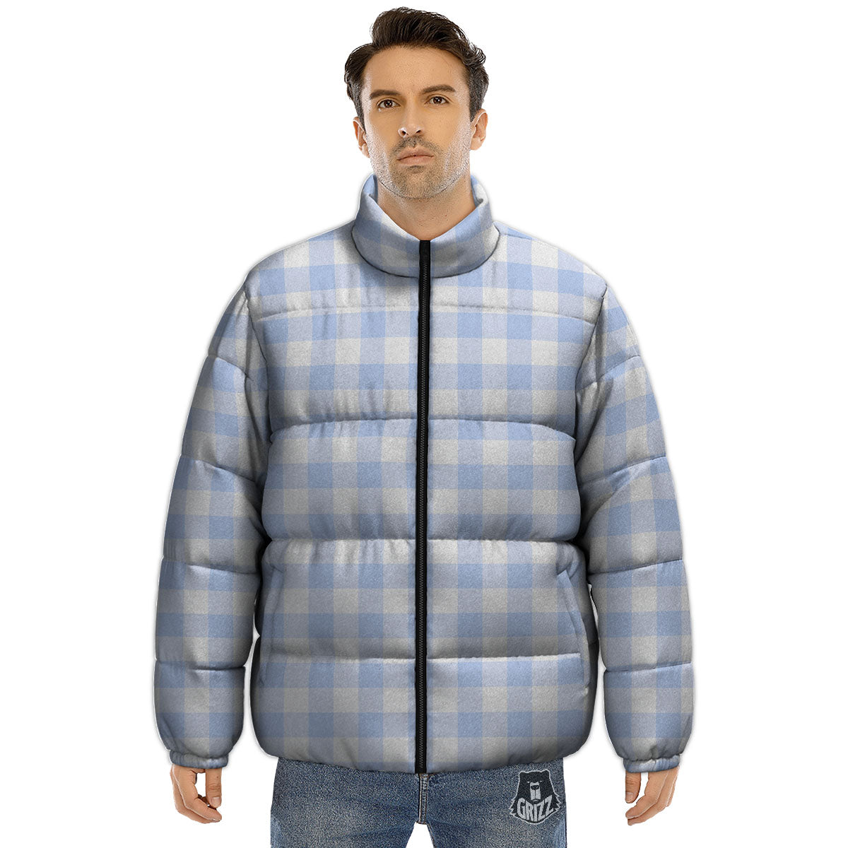 Blue Cornflower And White Gingham Print Puffer Jacket-grizzshop