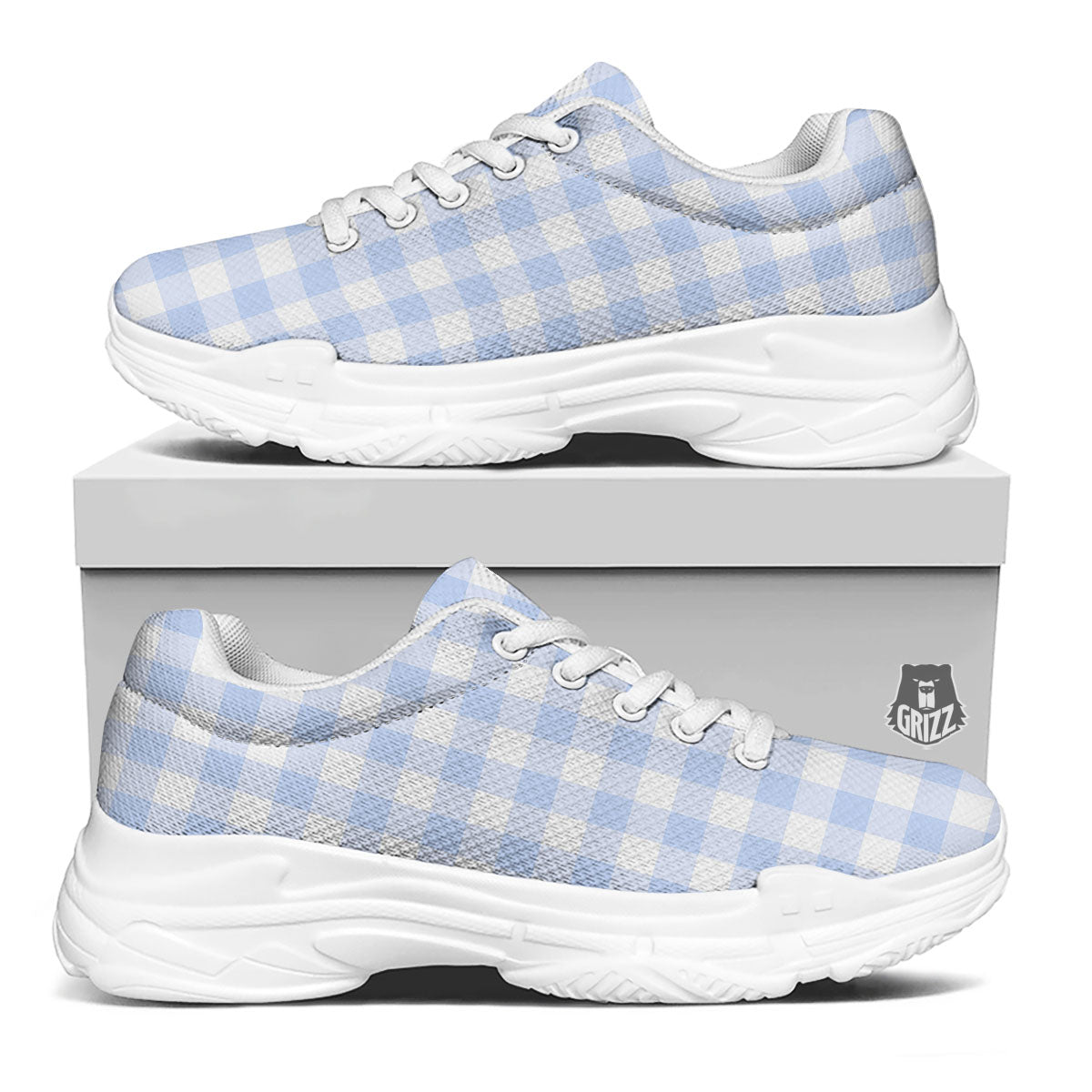 Blue Cornflower And White Gingham Print White Chunky Shoes-grizzshop