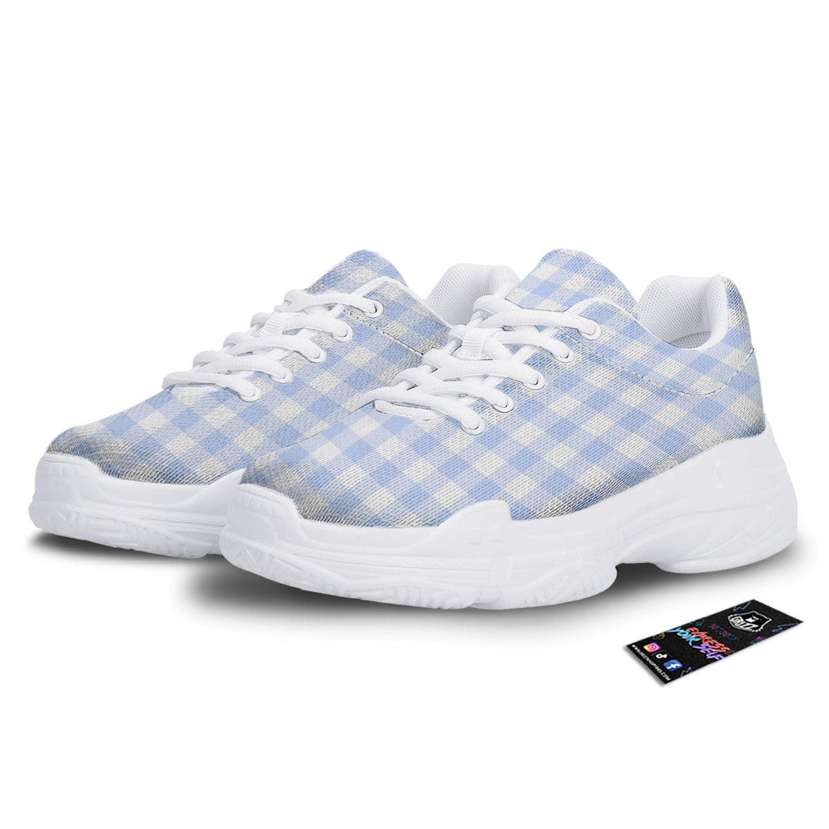 Blue Cornflower And White Gingham Print White Chunky Shoes-grizzshop